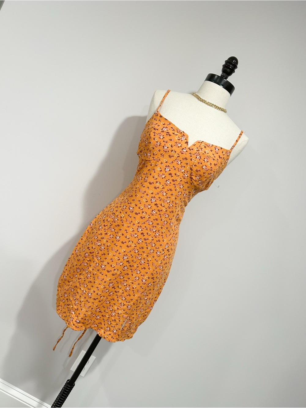 Floral Tie-Hem Spaghetti Strap Dress in Mustard